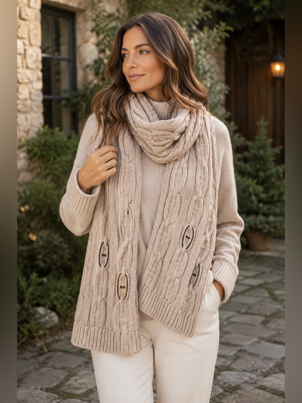 Cashmere Wool Cable Knit Scarf Beige Long Luxury Winter Wrap Fringe-Free 94”